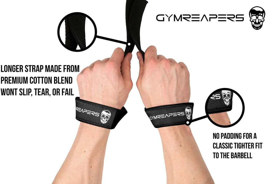 Gymreapers Lifting Wrist Straps for Weightlifting, Bodybuilding, Powerlifting, Strength Training, & Deadlifts - Padded Neoprene with 18 inch Cotton (Black/Black)