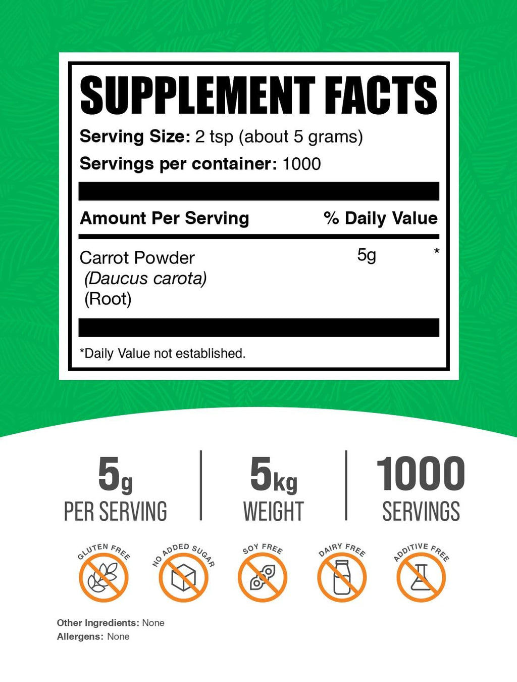 BulkSupplements.com Carrot Powder - Superfood Powder Supplement, Carrot Supplement - for Smoothies & Baking, Vegan & Gluten Free, 5g per Serving, 5kg (2.2 lbs) (Pack of 5)