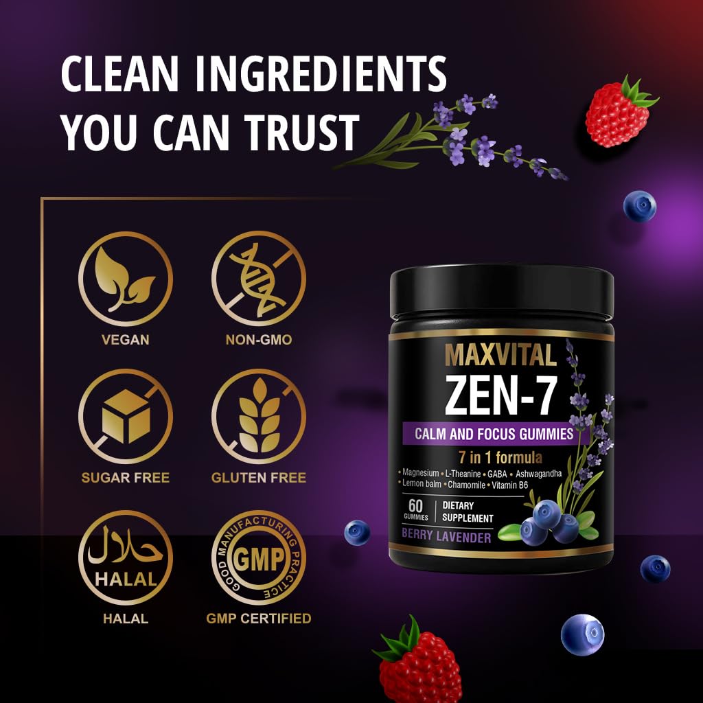 MAXVITAL Zen-7 Calm & Focus Gummies for Adults - Sugar Free Daily Calm & Mental Clarity Support - L-Theanine, GABA, Ashwagandha, Magnesium, Lemon Balm & B6 - Berry Lavender - 60 Vegan Gummies