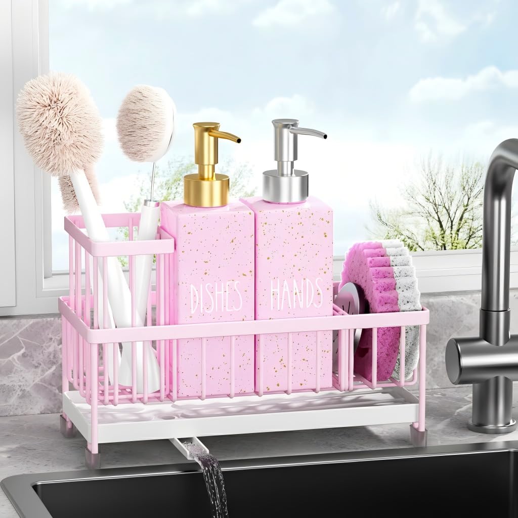 Cisily Kitchen Soap Dispenser Set with Sink Caddy, Glass Bottle, Hand and Dish Soap Dispenser Set with Sponge Holder (Pink Bottles + Pink Sponge Holder)