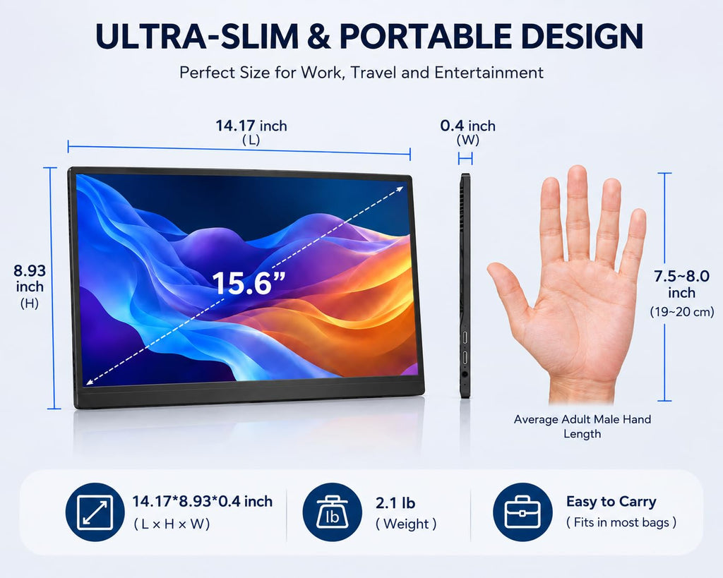 MNN 15.6" FHD 60Hz Portable Monitor USB-C HDMI IPS HDR Gaming Laptop