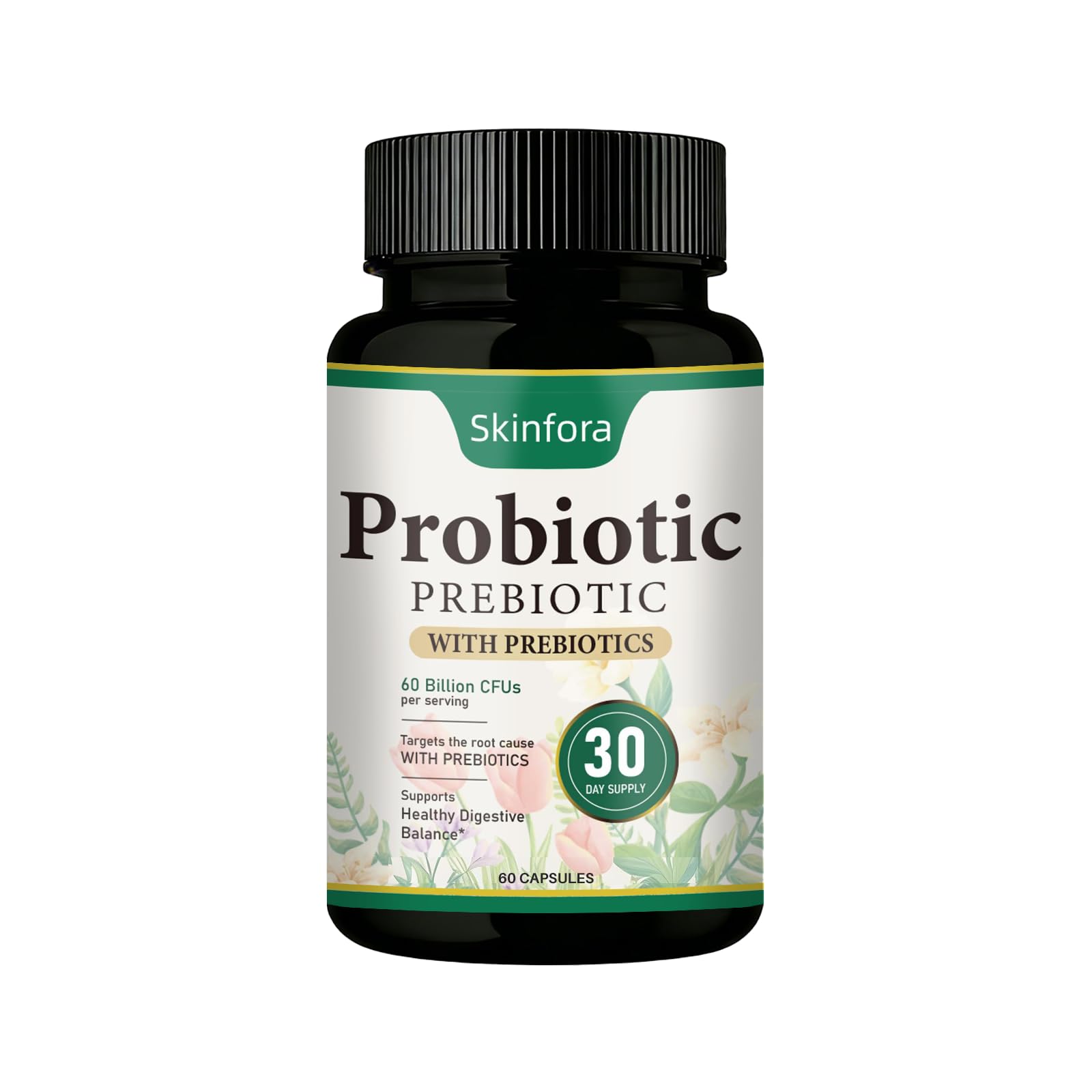 Probiotic Supplement for Skin & Gut Support, Daily Wellness Formula, Non-GMO, Vegan, 60 Capsules