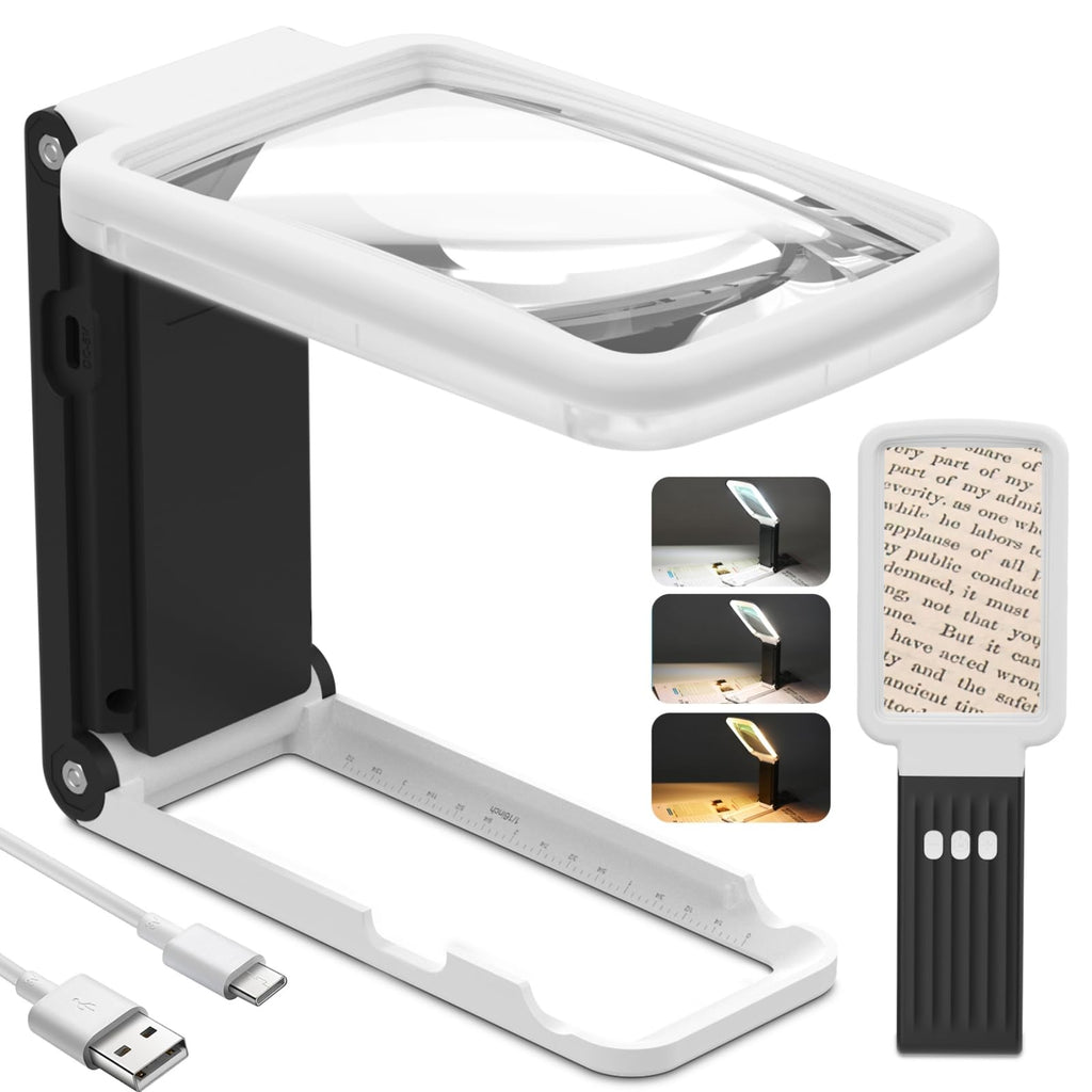 Coteck 15X Magnifying Glass with Light and Stand, Real Glass Lens, Rechargeable Foldable Handheld Magnifier, 3 Color Modes Dimmable Lighted Page Magnifier for Reading Fine Prints, Low Vision Seniors