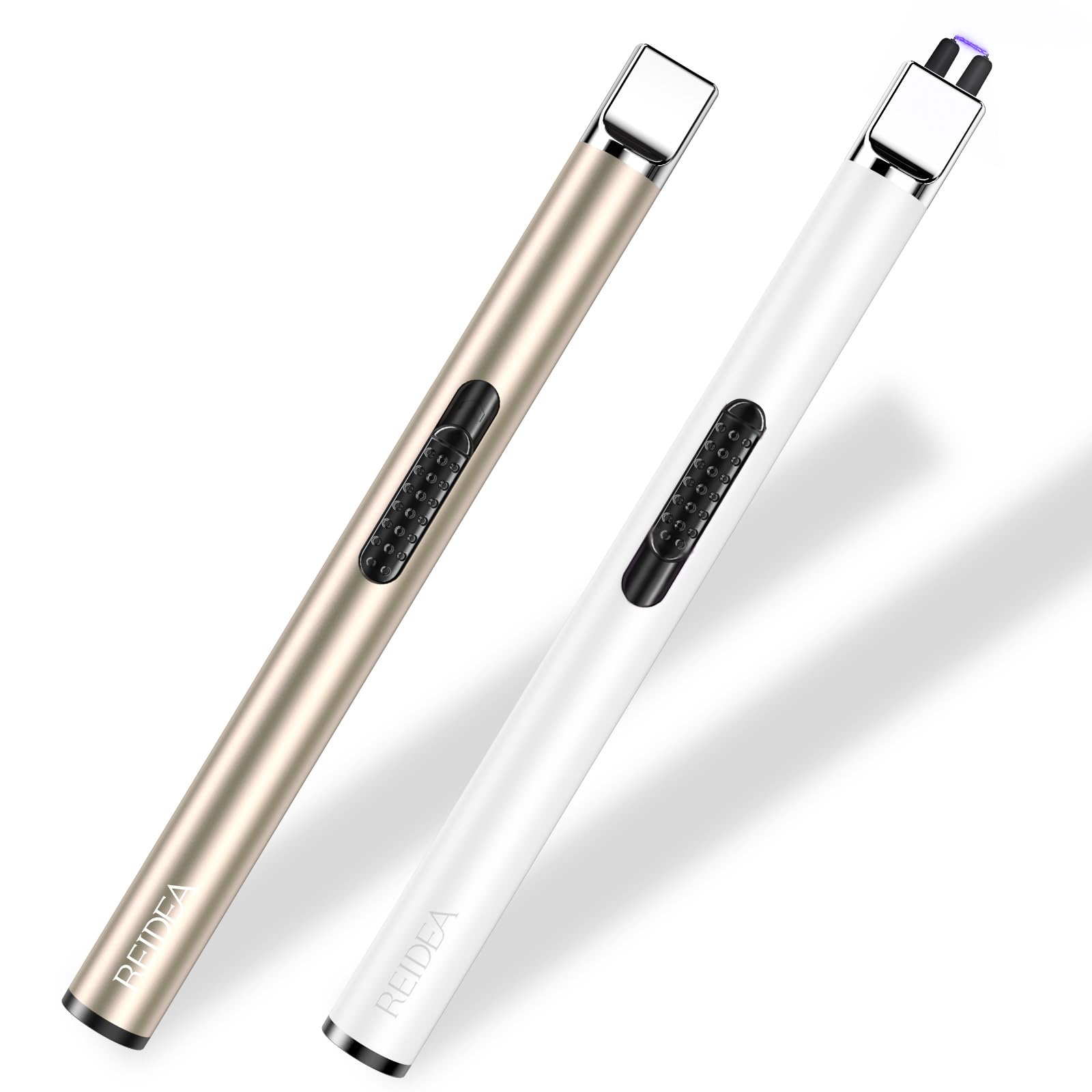 REIDEA Electronic Candle Lighter - USB Rechargeable with Security Lock, Windproof, Non-Slip Switch for Candle, Grill, Camping (Champagne Gold + White)