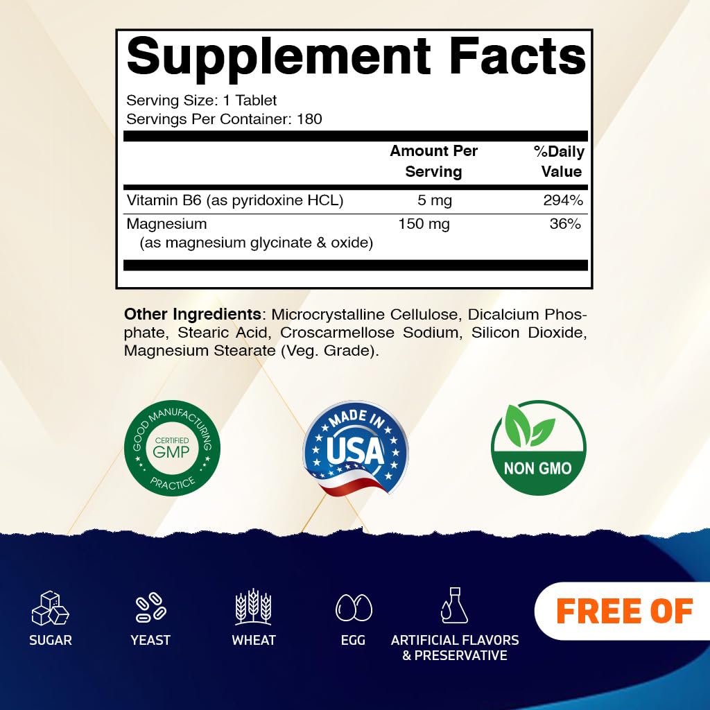 Vitamatic Magnesium with B6-180 Vegetarian Tablets (Uncoated) - Added B6 for Maximum Absorption - Supports Muscle, Joint, and Heart Health - 2 Pack