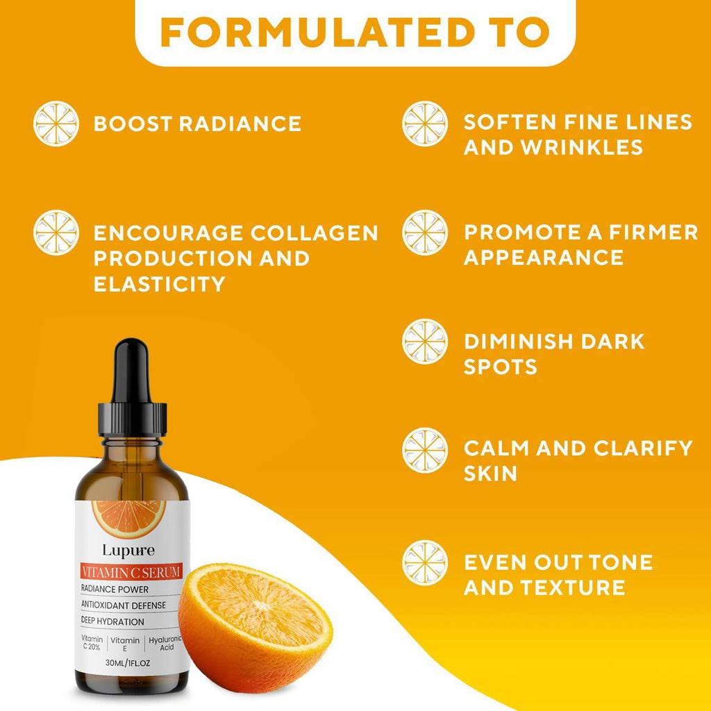 Lupure Professional Vitamin C Face Serum 20%, Anti Aging Facial Super Vit C Serum with Ascorbic Acid Hyaluronic Acid & Vitamin E for Dark Spots, Skin Care, Christmas Gift & Stocking | 1 Fl. Oz