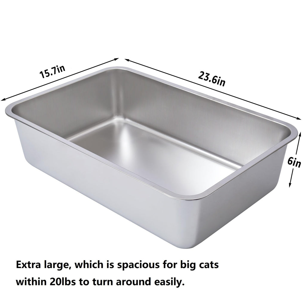 LEGOURNS XL Stainless Steel Litter Box 2 Pack, 23.6"x15.8"x6" (Height) Extra Large, Silver, Cat Litter Box, High Sides, Non Stick, No Smell, Easy Clean, Metal, For Big/Fat Cats & Kittens