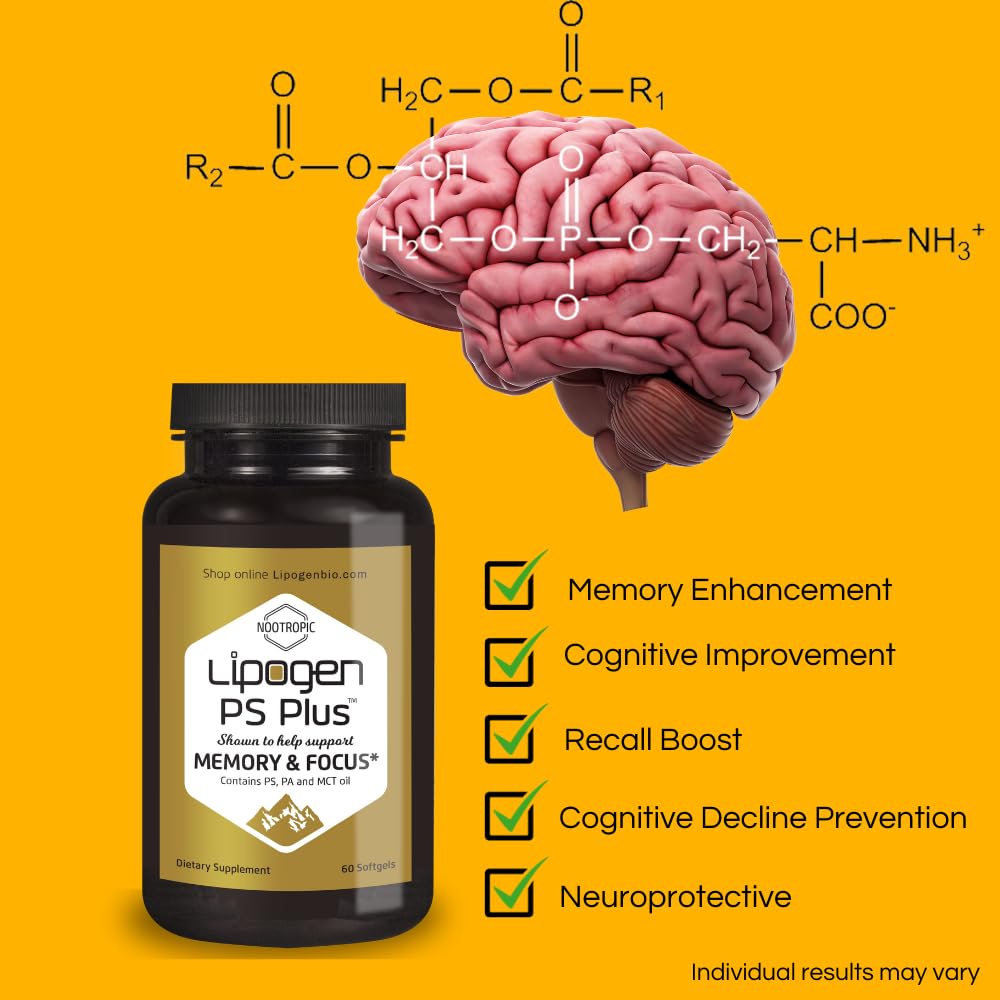 Lipogen PS Plus Brain Supplements for Memory and Focus - Premium Phosphatidylserine Brain Booster for Brain Health - Nootropic - 60 Softgels for One Month Supply