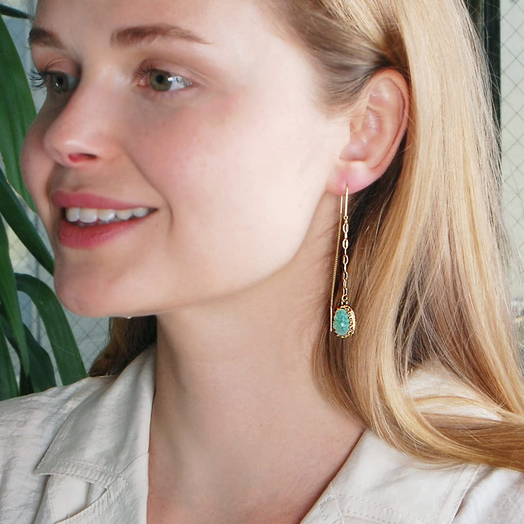 Aqua Green Dangle Earrings for Women - Long Boho Faux Druzy Threader Drops
