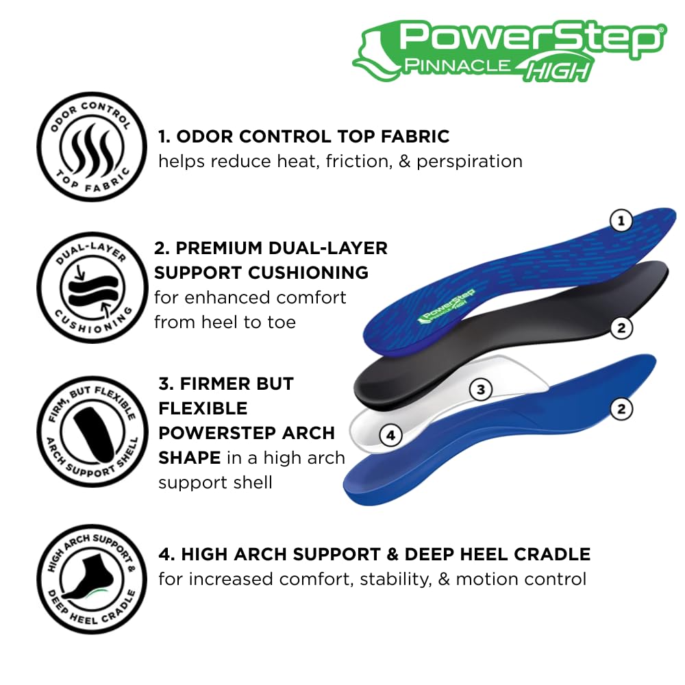 PowerStep Pinnacle High Arch Orthotic Insoles, Plantar Fasciitis Relief, Supination Heel Pain, Arch Support, PowerStep Insoles for Women and Men, Made in USA (Men's 9-9.5, Women's 11-11.5)