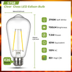 Sigalux Vintage LED Edison Bulb 60 watt Equivalent, Dimmable E26 Light Bulb 2700K Soft Warm White, Clear Glass ST58 Vintage Bulb, 80+ CRI, 700LM, E26 Base, 12 Pack