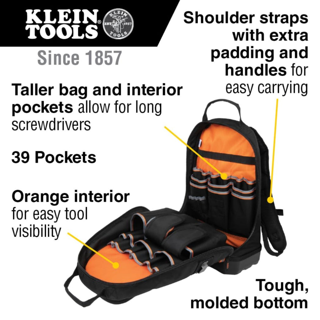 Klein Tools 55421BP-14 Tool Backpack, Heavy Duty Tradesman Pro Tool Bag Organizer with 39 Pockets, Molded Bottom