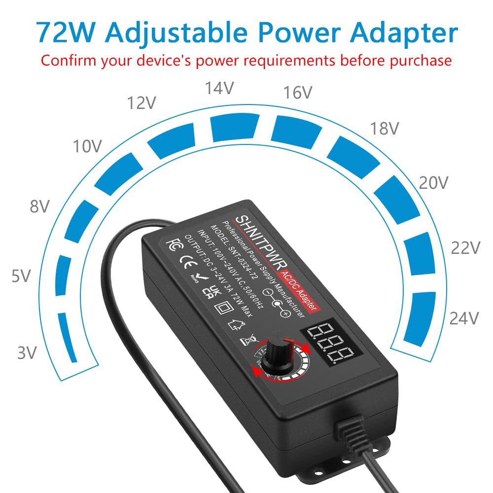 SHNITPWR 3V ~ 24V 3A 72W Power Supply Adjustable DC 3V 5V 6V 9V 12V 15V 16V 18V 19V 20V 24V Variable Universal AC/DC Adapter 100V-240V AC to DC Converter with 14 Tips 5.5x2.5mm 4.0x1.7mm 3.5x1.35mm