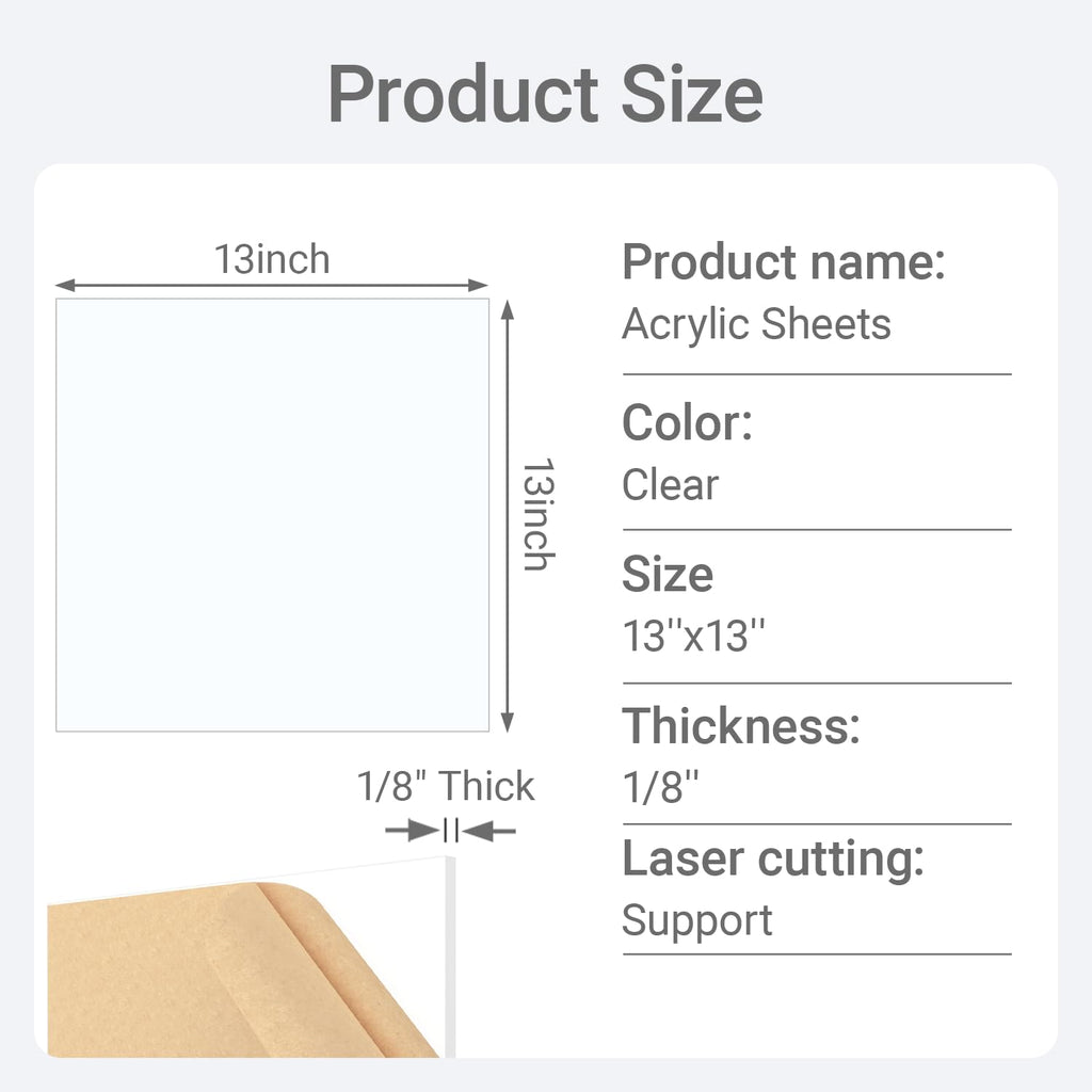 LoengMax 1/8" Thick (3mm) Clear Acrylic Sheet 13" x 13" - 2 Pieces | Cast Plexiglass for DIY Crafts, Sign, Photo Frame, Display Projects