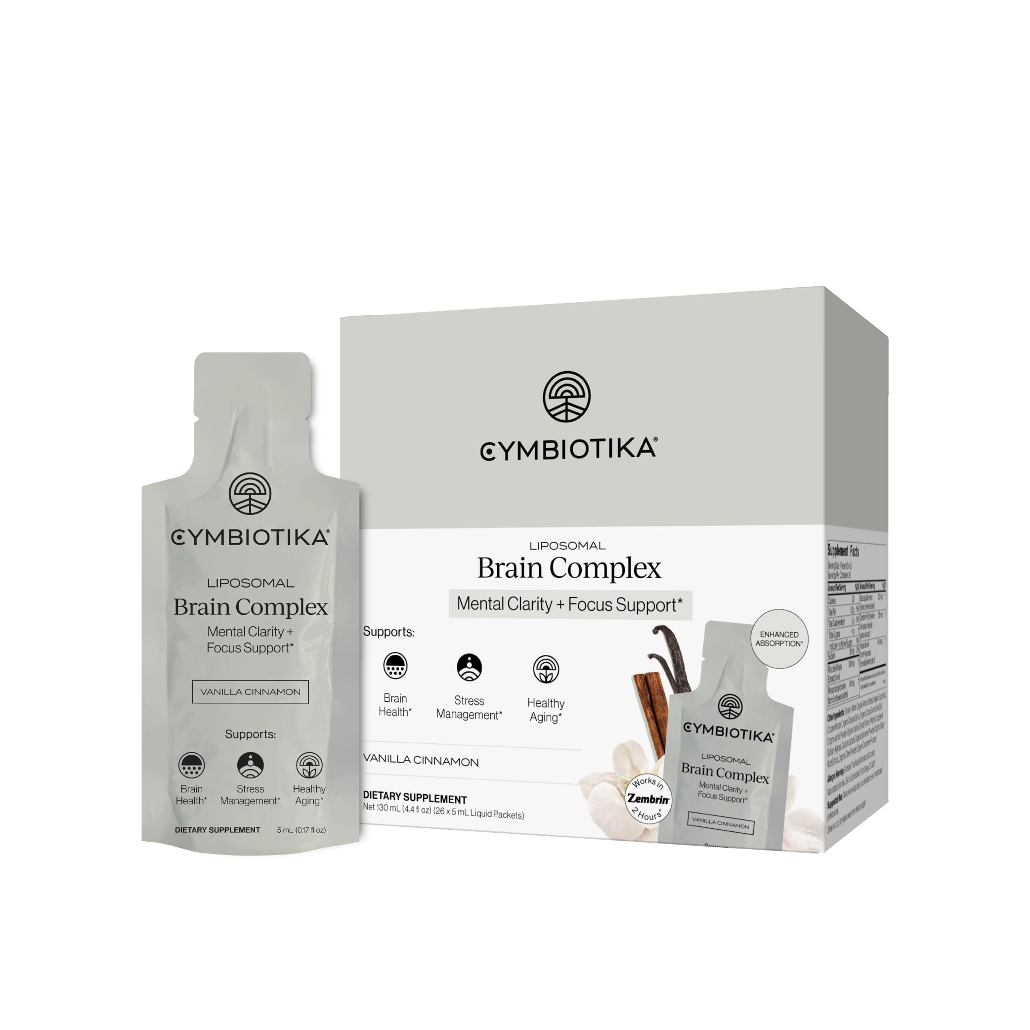 CYMBIOTIKA Liposomal Brain Complex Supplement with Zembrin®, Brain Health, Stress Management, Healthy Aging, Enhanced Absorption, Gluten Free, Soy Free, Plant-Based, 26 x 5 mL Liquid Packets