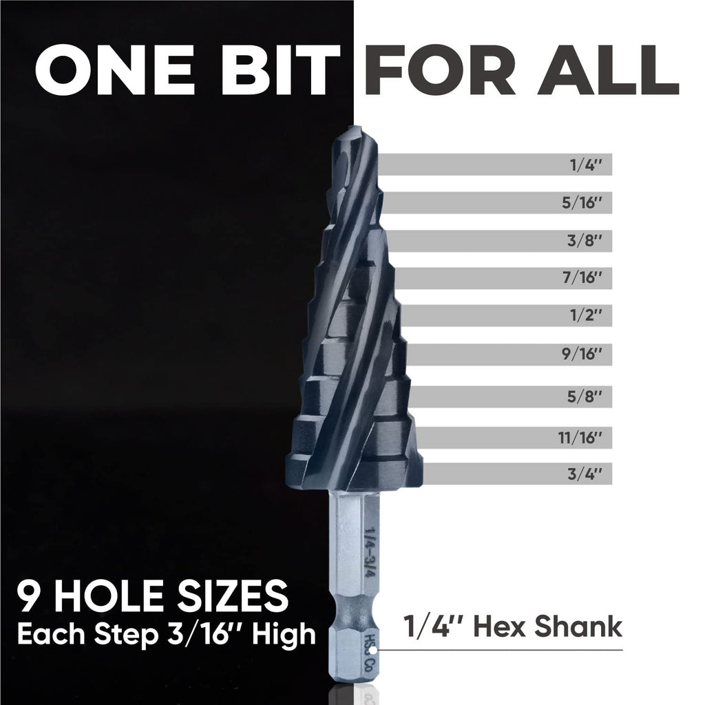 toolant Four Spiral Flute Cobalt Step Drill Bit(Pro), 1/4"-3/4" Impact Ready Unibit Step Drill Bit, 1/4" Hex Shank Step Bits for Metal, Stainless Steel, Aluminum, Plastic