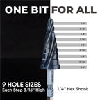 toolant Four Spiral Flute Cobalt Step Drill Bit(Pro), 1/4"-3/4" Impact Ready Unibit Step Drill Bit, 1/4" Hex Shank Step Bits for Metal, Stainless Steel, Aluminum, Plastic