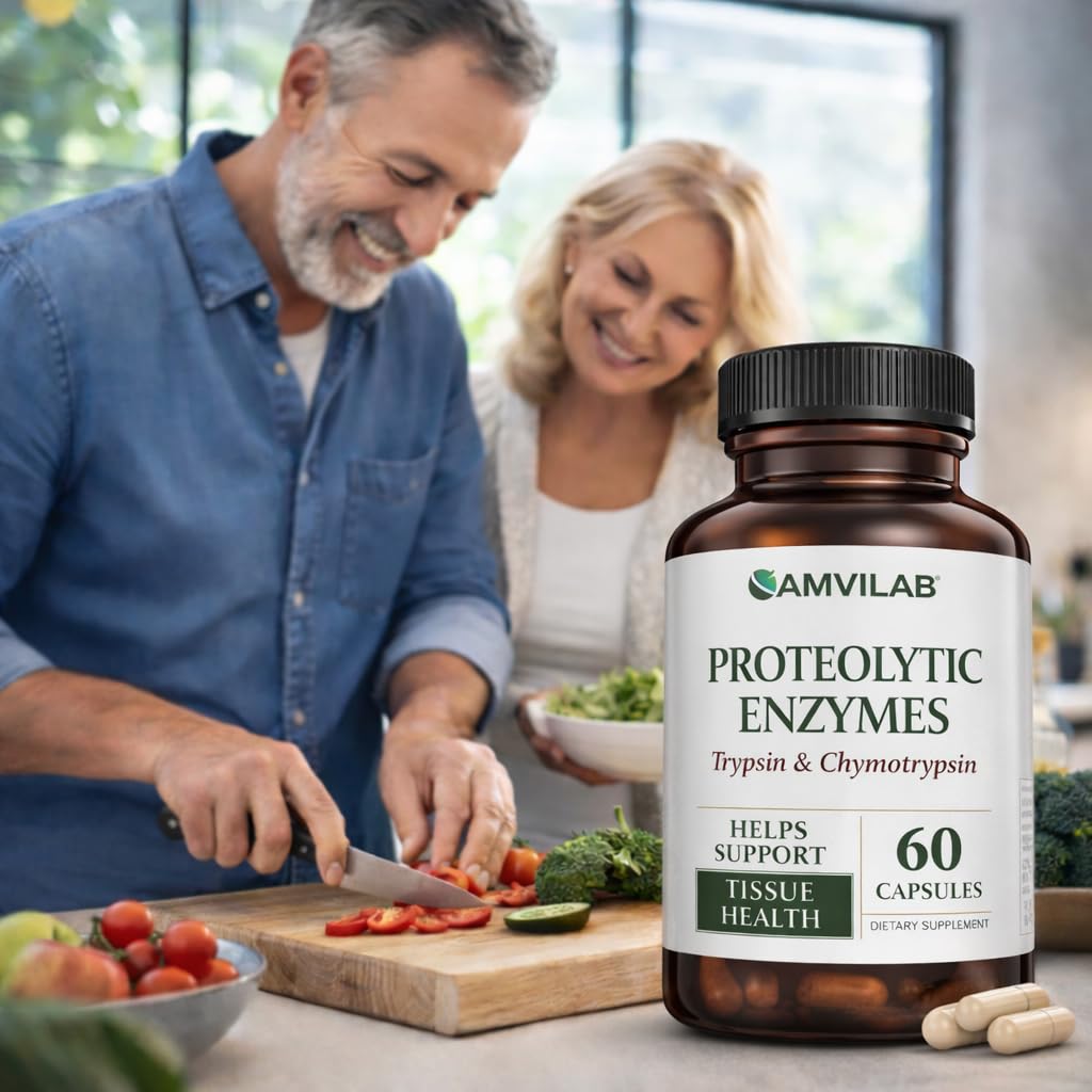 AMVILAB Proteolytic Enzymes | Trypsin & Chymotrypsin – Advanced Digestive Enzyme Supplement for Woman&Men - Digestive Enzymes for Protein Breakdown, Immune & Circulatory Health - 60 Capsules