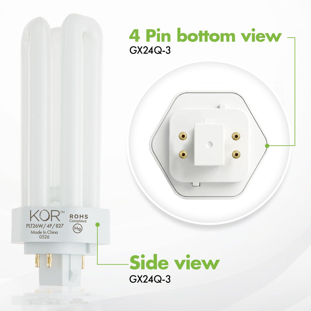 KOR 26W CFL Plug-in Bulb – GX24Q-3 Base, 2700K Warm White, Triple Tube, (4-Pin) Replaces Sylvania 20879, Philips 458240, GE 97614 – Pack of 4