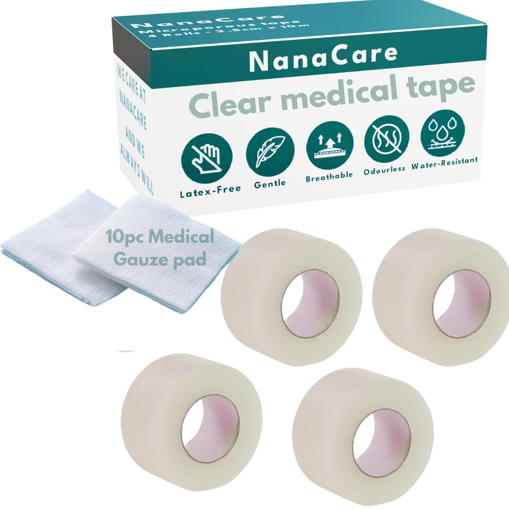 NanaCare Clear Medical Tape Waterproof, 4 Rolls - 1 inch x 10 yds