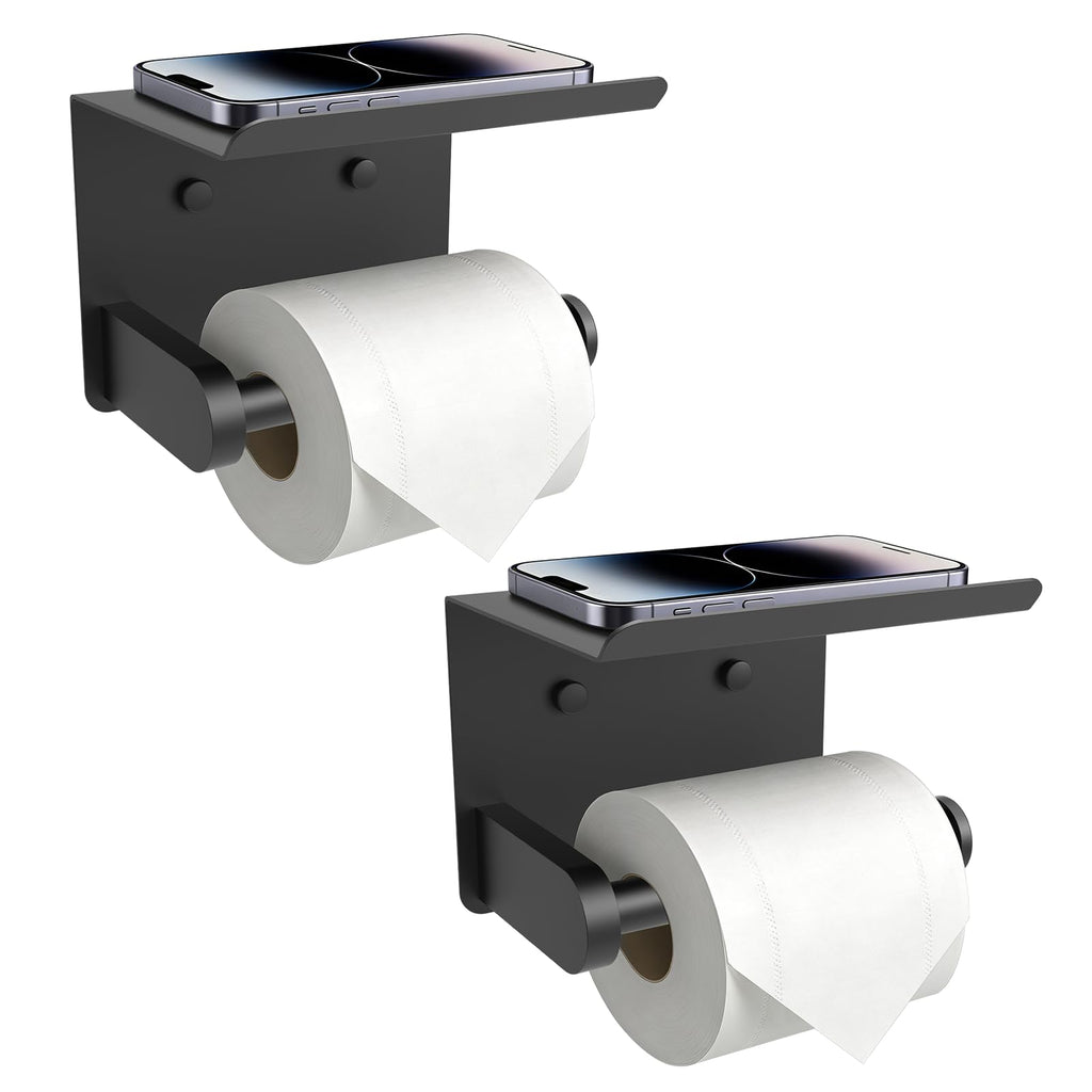 SetSail Toilet Paper Holder with Shelf Adhesive or Screw-in Bathroom Toilet Paper Roll Holders Wall Mount Matte Black Tissue Holder for Bathroom Hardware Accessories, 2 Packs