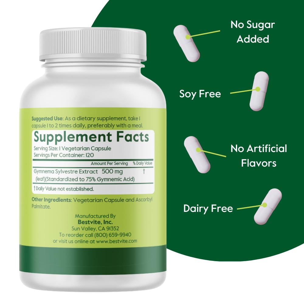 BESTVITE Gymnema Sylvestre 500mg (120 Vegetarian Capsules) - Standardized to 75% Gymnemic Acid - No Stearates - No Fillers - No Flow Agents- Vegan - Non GMO - Gluten Free