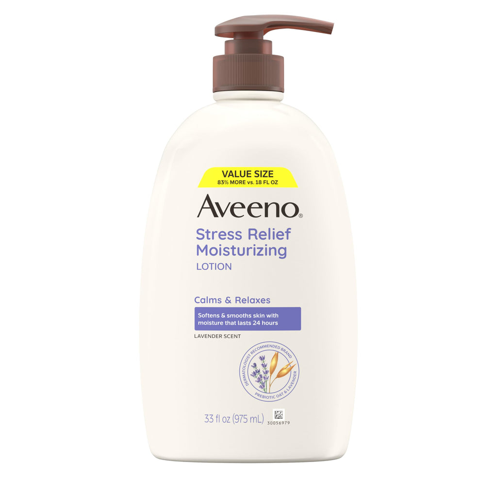 Aveeno Stress Relief Moisturizing Body Lotion with Prebiotic Oat & Lavender Scent for Sensitive Skin, Calms & Relaxes with 48 Hour Hydration, Fast Absorbing & Non-Greasy, 33 fl. oz