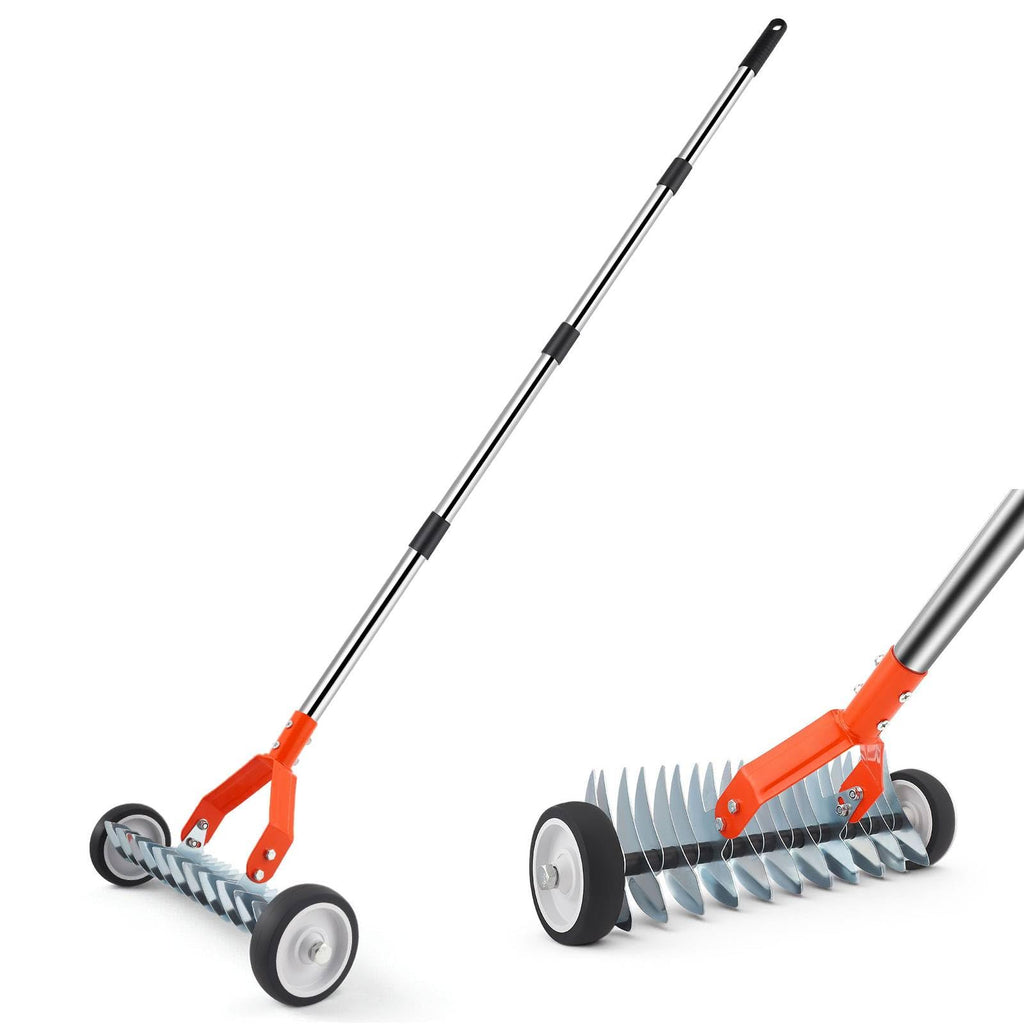 Thatch Rake with Wheels, 37-65.35'' Adjustable Dethatching Roller Rake Adjustable 0-12° Angle Stainless Steel Blades Heavy Duty Manual Dethatcher , Lawn Thatcher Rakes for Moss, Grass, Leaves, Debris