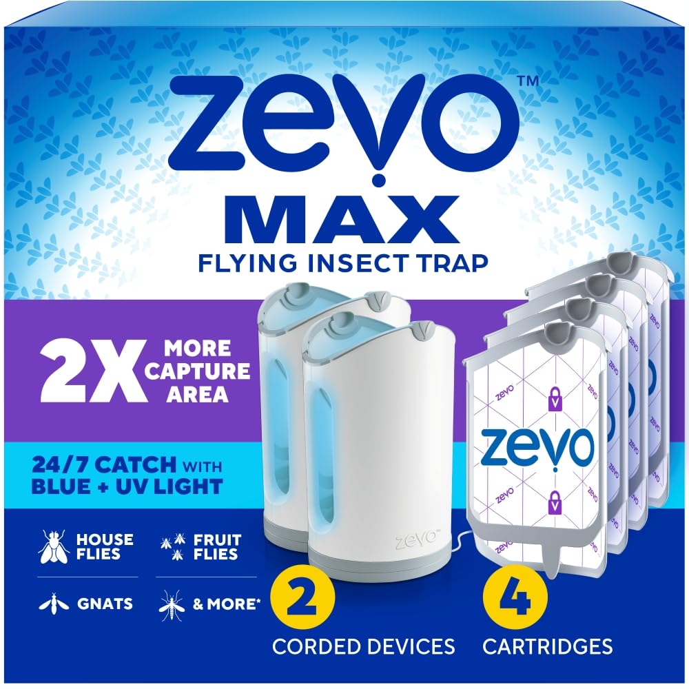Zevo MAX Bug Catcher & Fly Trap for Indoors - Flying Insect Trap for Gnats, House & Fruit Flies - Use in Any Room - No-Mess Disposal (2 Plug in Bases & 4 Cartridges)
