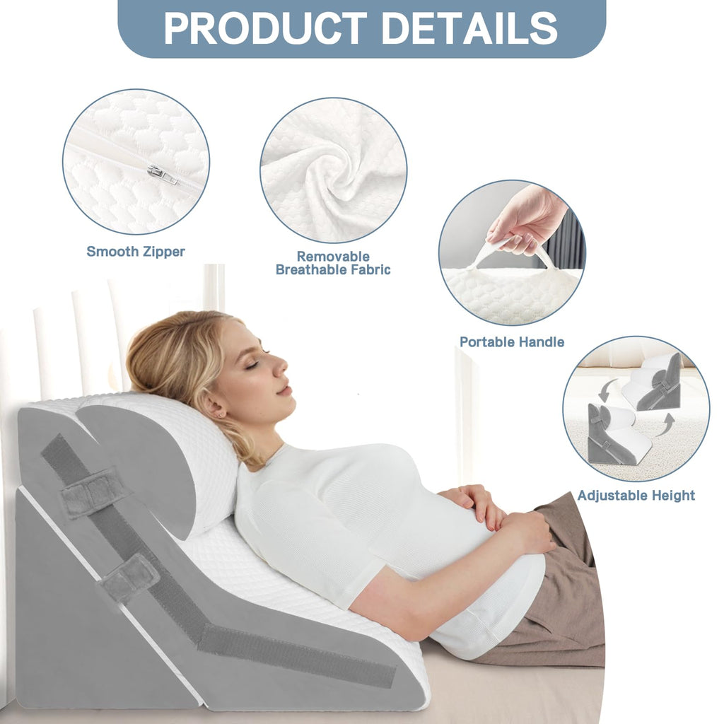 Vomiliku Wedge Pillow Headboard, Memory Foam Adjustable Bed Wedge Pillow Headboard for Acid Reflux, Snoring, Post Surgery Recovery and Back Pain Relief, Wedge Pillow for Sleep Apnea, Gray