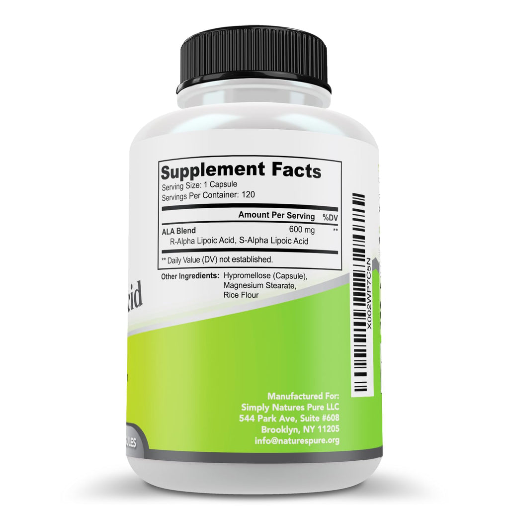 Simply Natures Pure Alpha Lipoic Acid 600mg 240 Veggie Capsules, Non-GMO Thioctic Acid 8 Month Supply