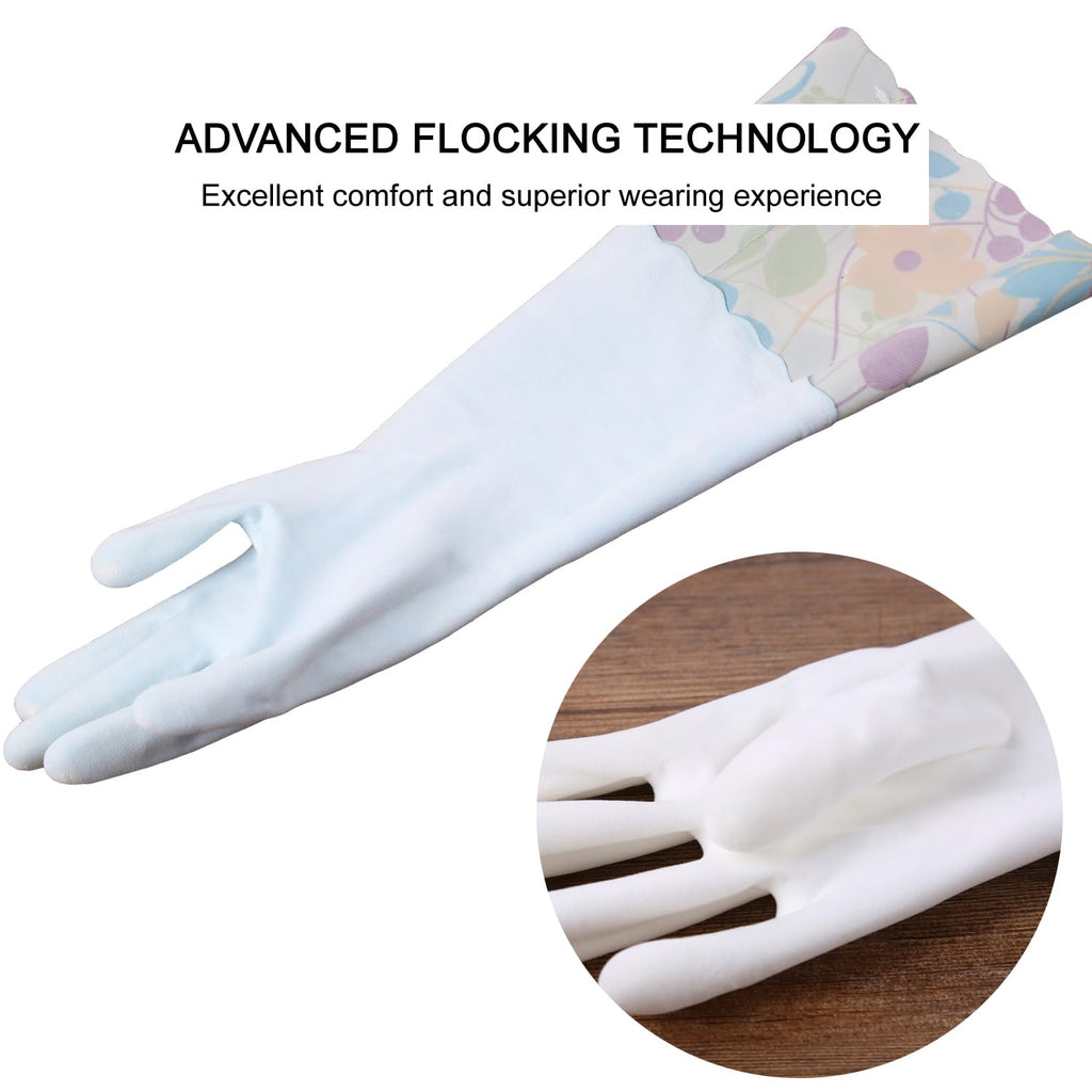Bamllum 3 Pairs Rubber Cleaning Gloves, Household Kitchen Dishwashing Gloves with Cotton Flocked Liner, Long Cuff 16 Inches, Reusable, Non-Slip (Medium, Blue+Pink+White) (Pack of 2)