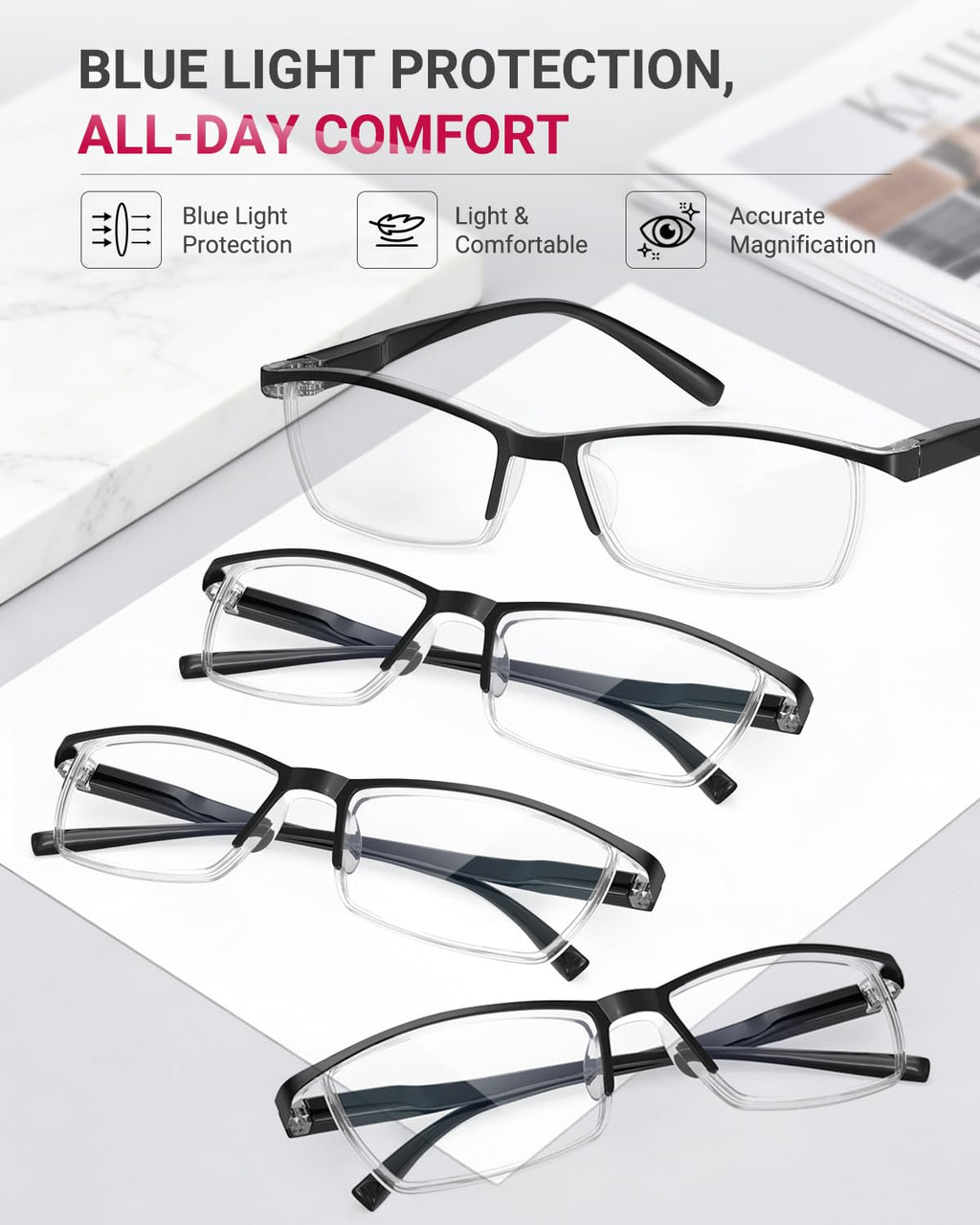 TERAISE 4PCS Fashion Anti-blue light Reading Glasses Men Women Computer Reader(2.25X)