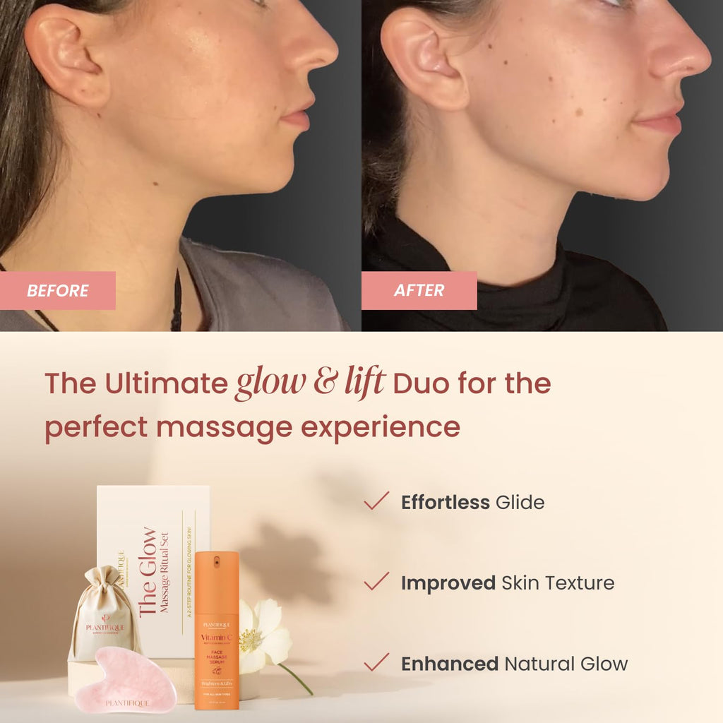 PLANTIFIQUE Massage Ritual Set Premium Certified Rose Quartz Gua Sha + Vitamin C Serum Skin Care Set, Birthday Gifts for Women, Teens, Mom, Brides