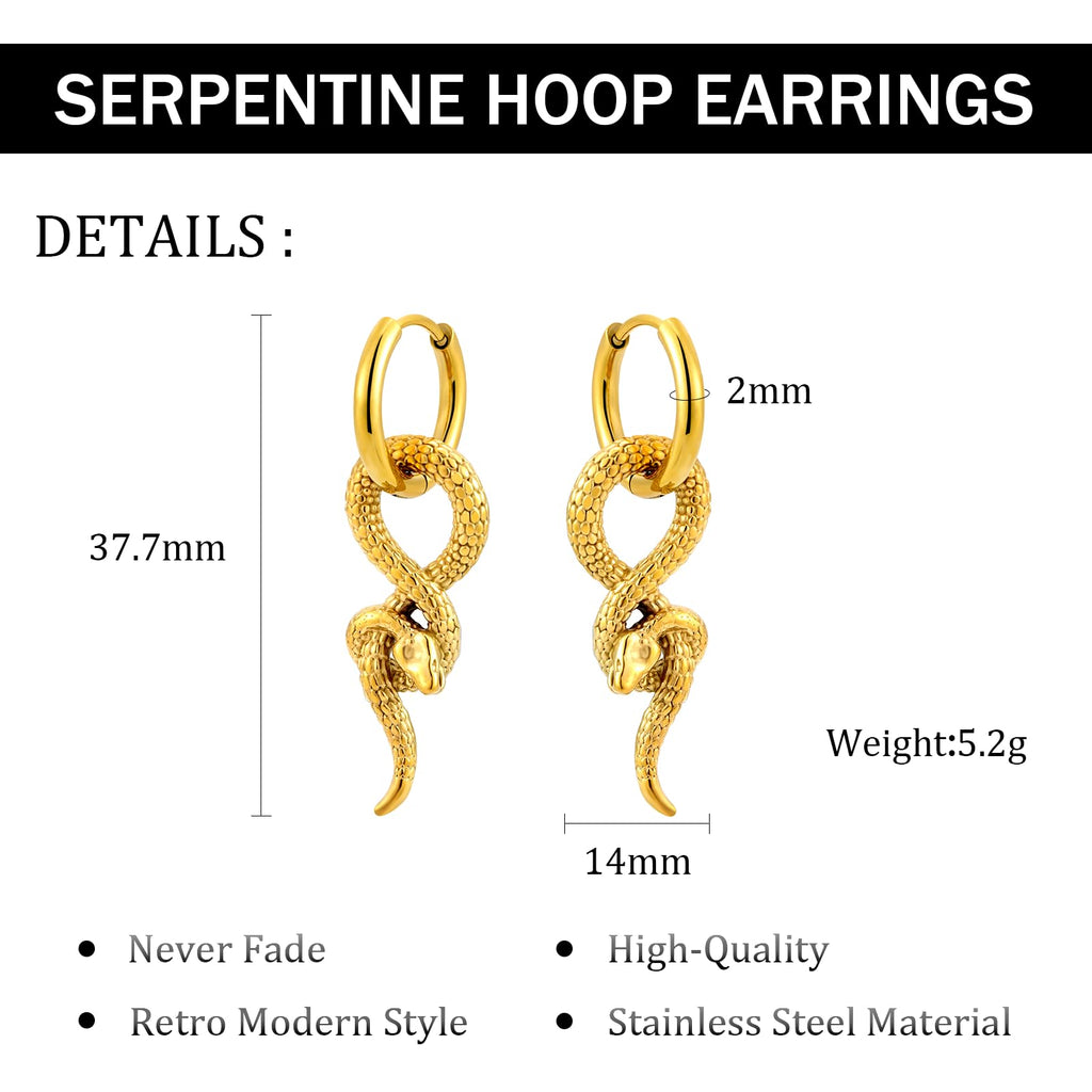 NewHuajiava 18K Gold Plated Snake Earrings Hypoallergenic for Sensitive Ear