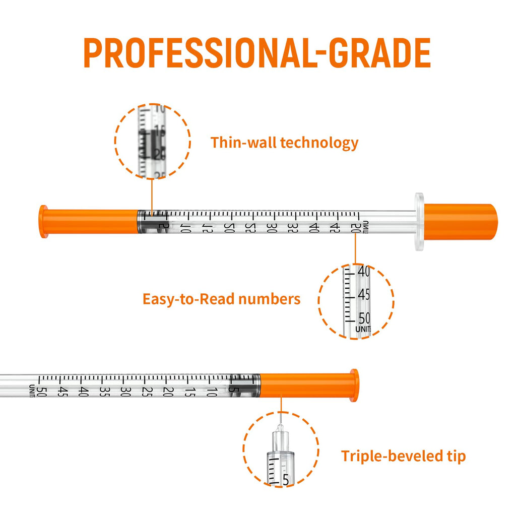 0.5ml 31G 5/16" syring, Seringe insulin, Individually Packed, Smooth & Comfortable, Pack of 100