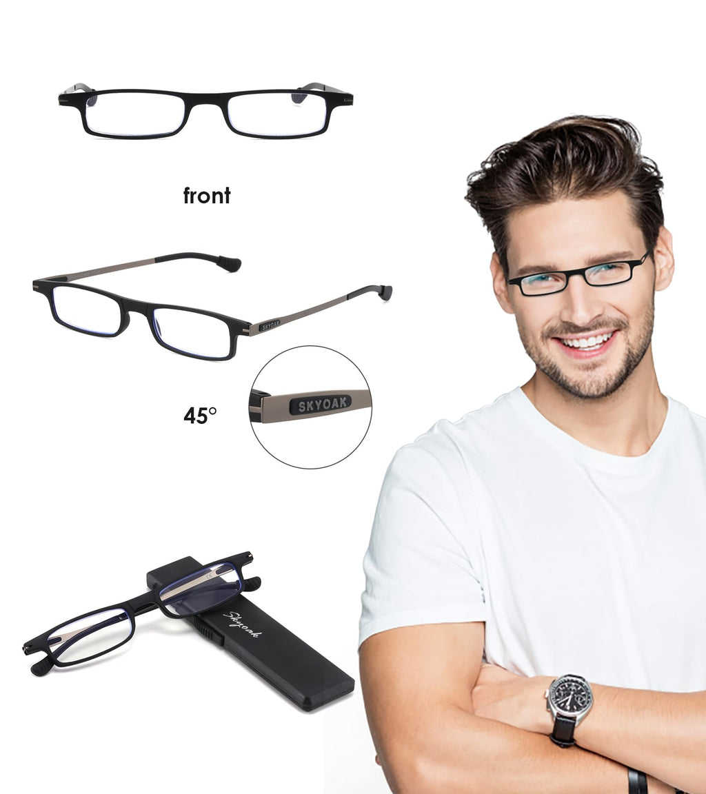 2 Pack Ultra Thin Lightweight Folding Reading Glasses Women Men TR90 Blue Light Blocking Anti UV/Eyestrain Foldable Compact Computer Readers Portable Unique Stretchable Slim Flat case Black +2.5