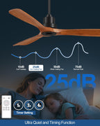 Forrovenco Ceiling Fans With Remote Control, Outdoor Ceiling Fan for Patios Indoor, 3 Downrods, 3 Blades, Timer, 6 Speed Reversible Quiet DC Motor Modern Fan Solid Wood Fan, 52in, Brown