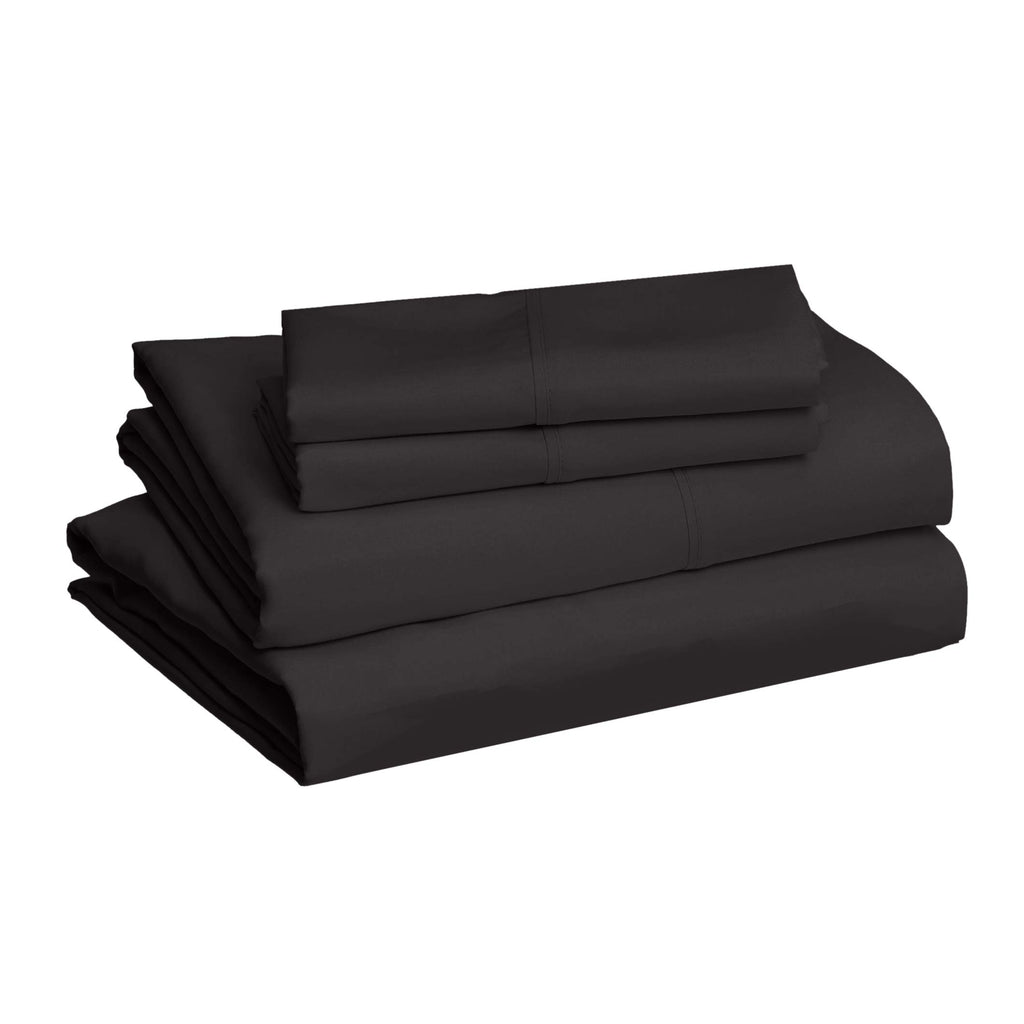 Amazon Basics Lightweight Super Soft Easy Care Breathable Microfiber 4-Piece Bed Sheet Set with 14-Inch Deep Pockets, Wrinkle Resistant, Full, Black, Solid