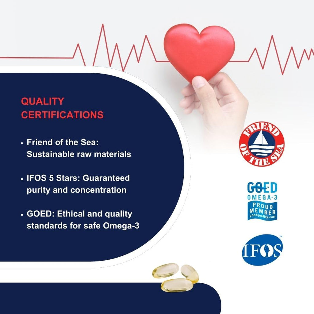 Meaquor 1000 Omega 3 Fish Oil Capsules IFOS Certified - Omega3 1000mg Supplement with EPA and DHA - No Aftertaste (60 Softgel Caps)