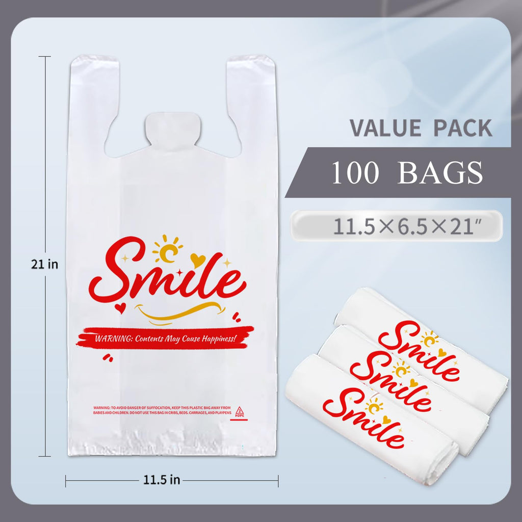 TGEONIX 200 Pack Upgraded White Thank You T-Shirt Bags - 11.5"x6.5"x21" Reusable Grocery Bags with Handles, Eco-Friendly Retail Packaging for Supermarket & Small Business
