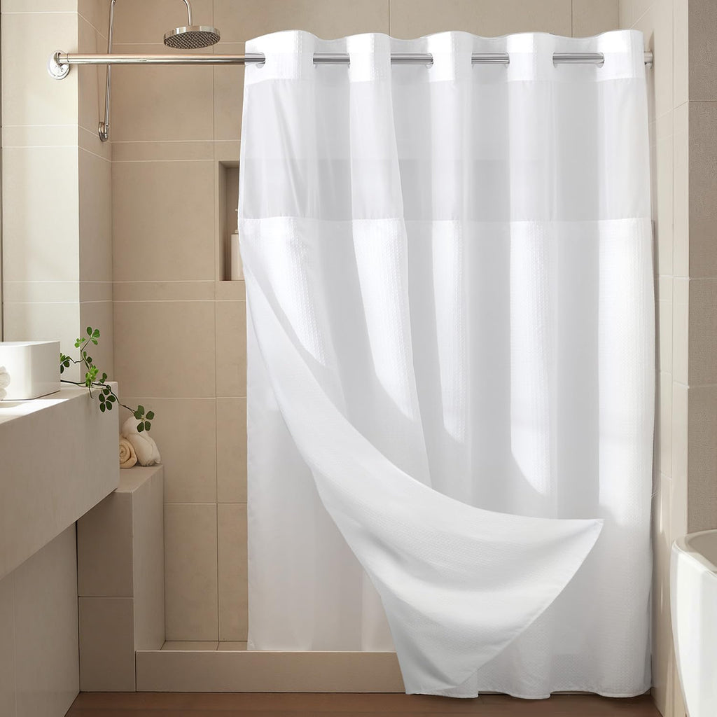 RiverDream Heavyweight Waffle No Hook Shower Curtain with Liner,White,71x74