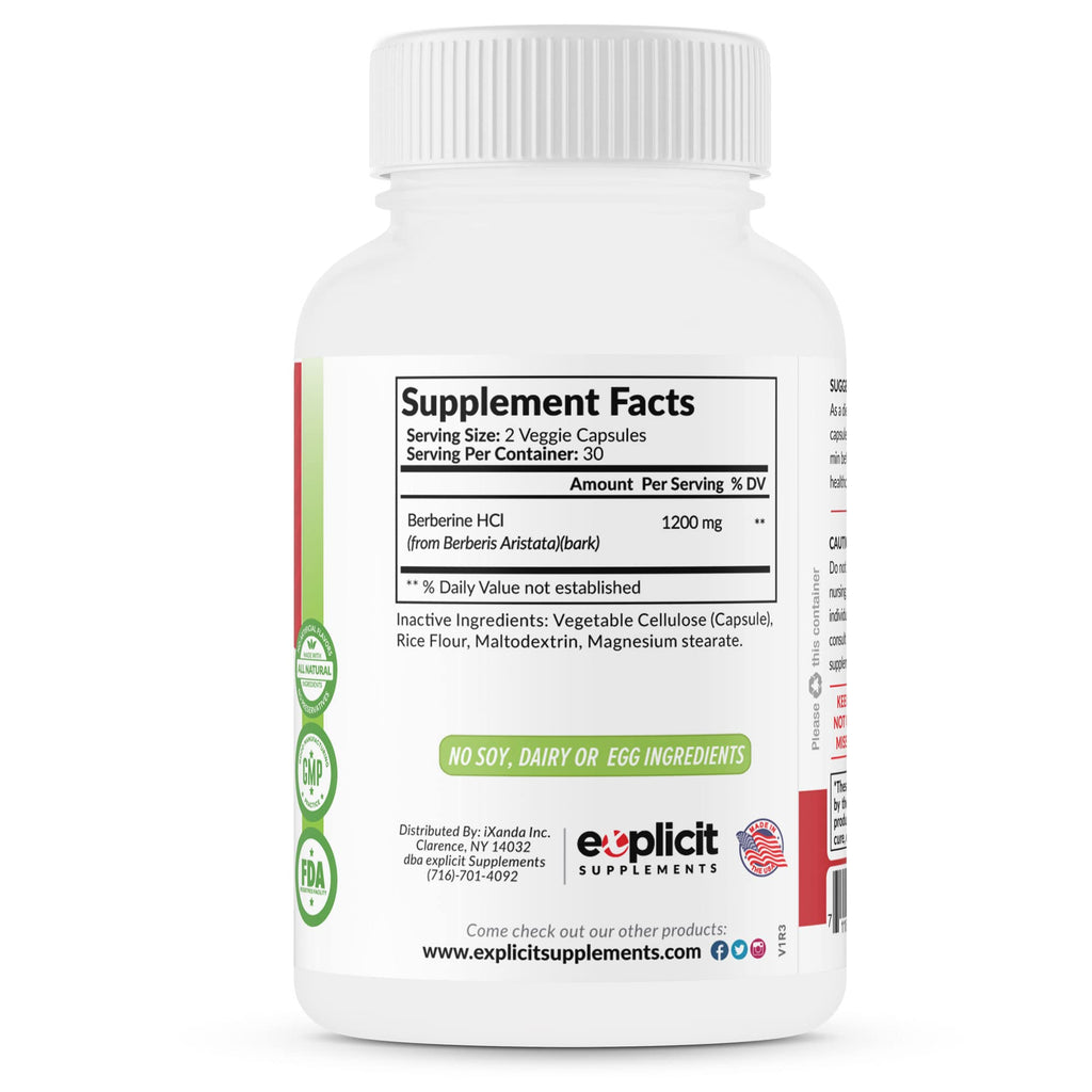 eXplicit Supplements Natural Berberine HCl - 1200mg Max Strength – 60 Capsules - 1 Month Supply
