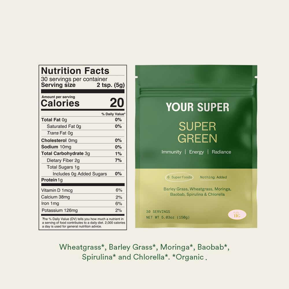 Your Super Organic Super Green Smoothie Mix – Superfood Powder for Natural Immune Support, Made with Wheatgrass, Barley Grass, Moringa, Spirulina, Chlorella & Baobab Powder (30 Servings)