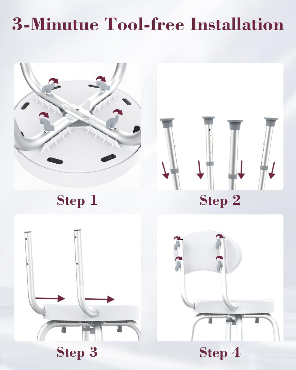 Fvzzin Swivel Shower Chair, 360° Non-Slip Shower Seat with Backrest for Elderly and Disabled, Height Adjustable Rotating Tub Transfer Bench for Seniors Bathroom Inside Shower(White)