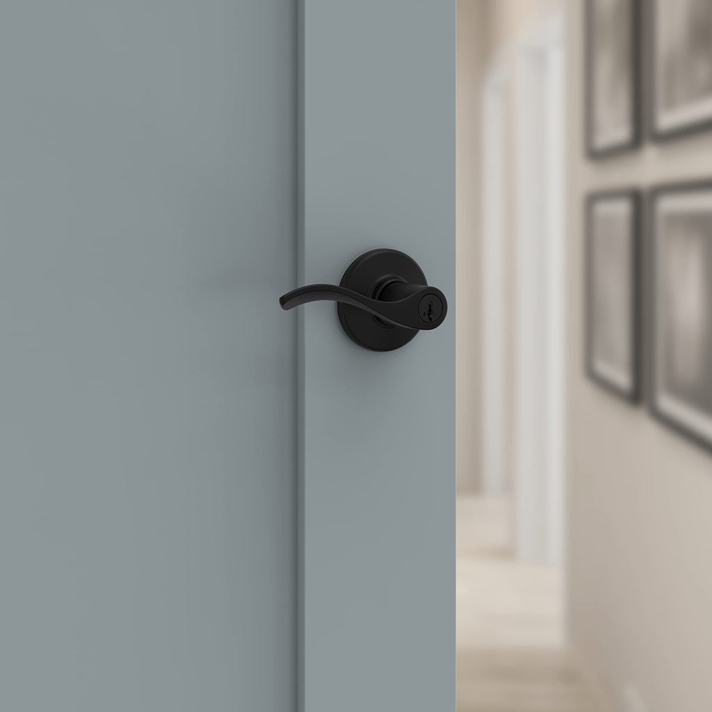 Kwikset Balboa Entry Door Handle with Lock and Key, Secure Keyed Reversible Lever Exterior, Doorlock, For Front Entrance and Bedrooms, Matte Black, Pick Resistant Smartkey Rekey Security