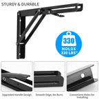 YUMORE Folding Shelf Brackets, 14 Inch Heavy Duty Collapsible Shelf Bracket, Black DIY L Bracket for Workbench Folding Table Hinge, Max Load: 330lb, 2 Pack