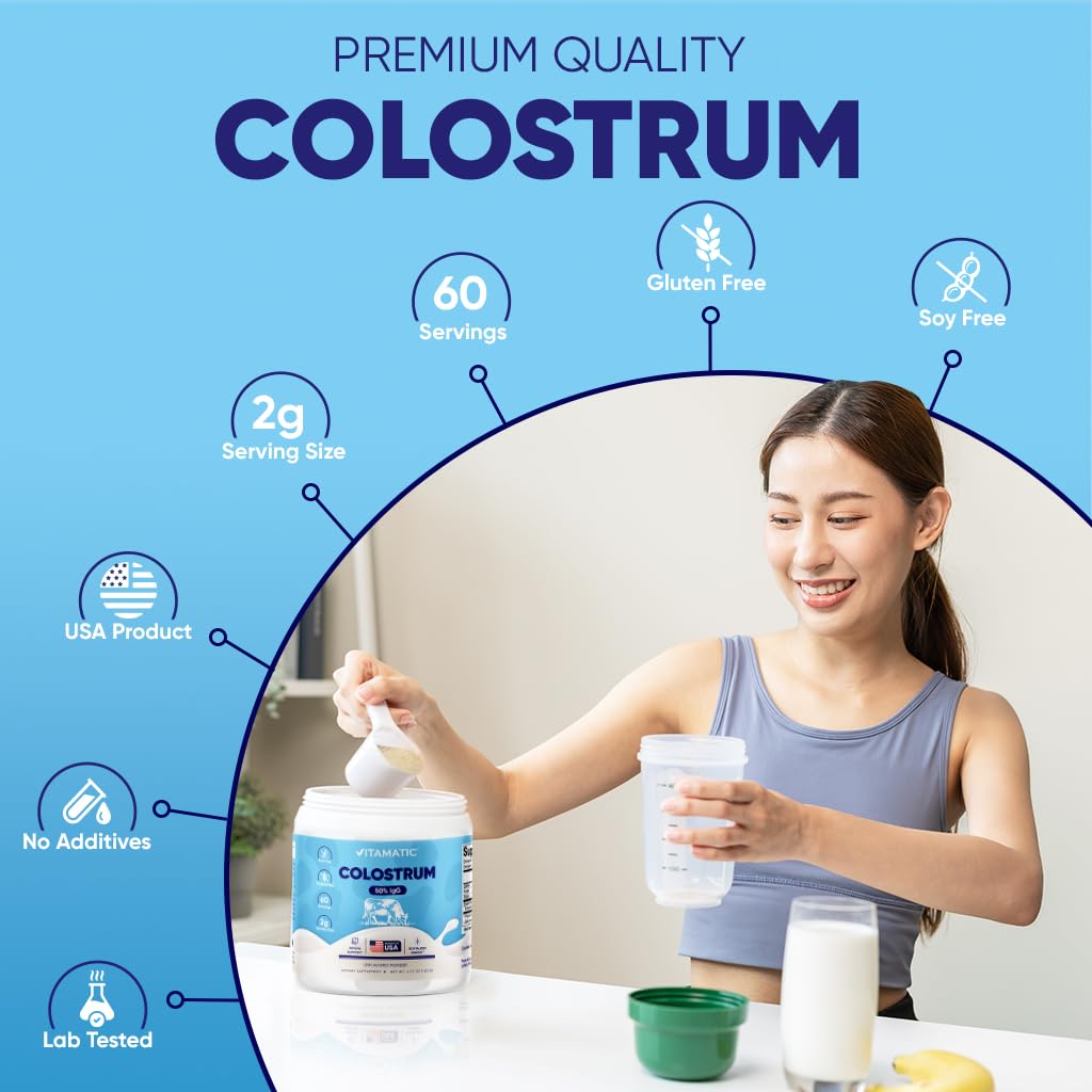 Vitamatic Bovine Colostrum Powder - 50% Highest IgG -120 Gram - Supplement for Gut Health, Hair Growth, Beauty, Muscle Recovery, & Immune Support - Easy to Mix - Unflavored - 60 Servings