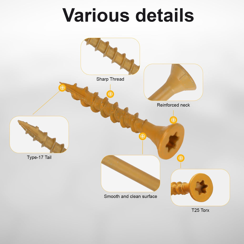 Bobibbi Wood Screws #8 x 1-1/4’’, T25 Star Torx Drive Flat Head Deck Screws, Tan, 194Pcs (1lb)