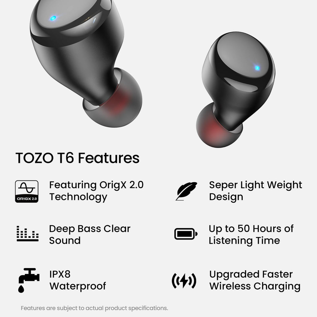 TOZO T6 Wireless Earbuds Bluetooth 5.3 Stereo Sound in Ear Headphones
